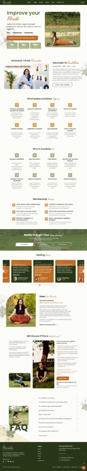 Full-page view of the Suchbliss website, a holistic yoga and strength program for women 35 and above